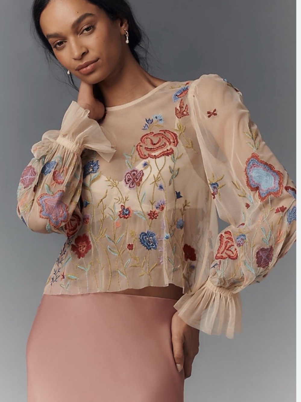 NWOT Layla long sleeve mesh floral appliqué blouse